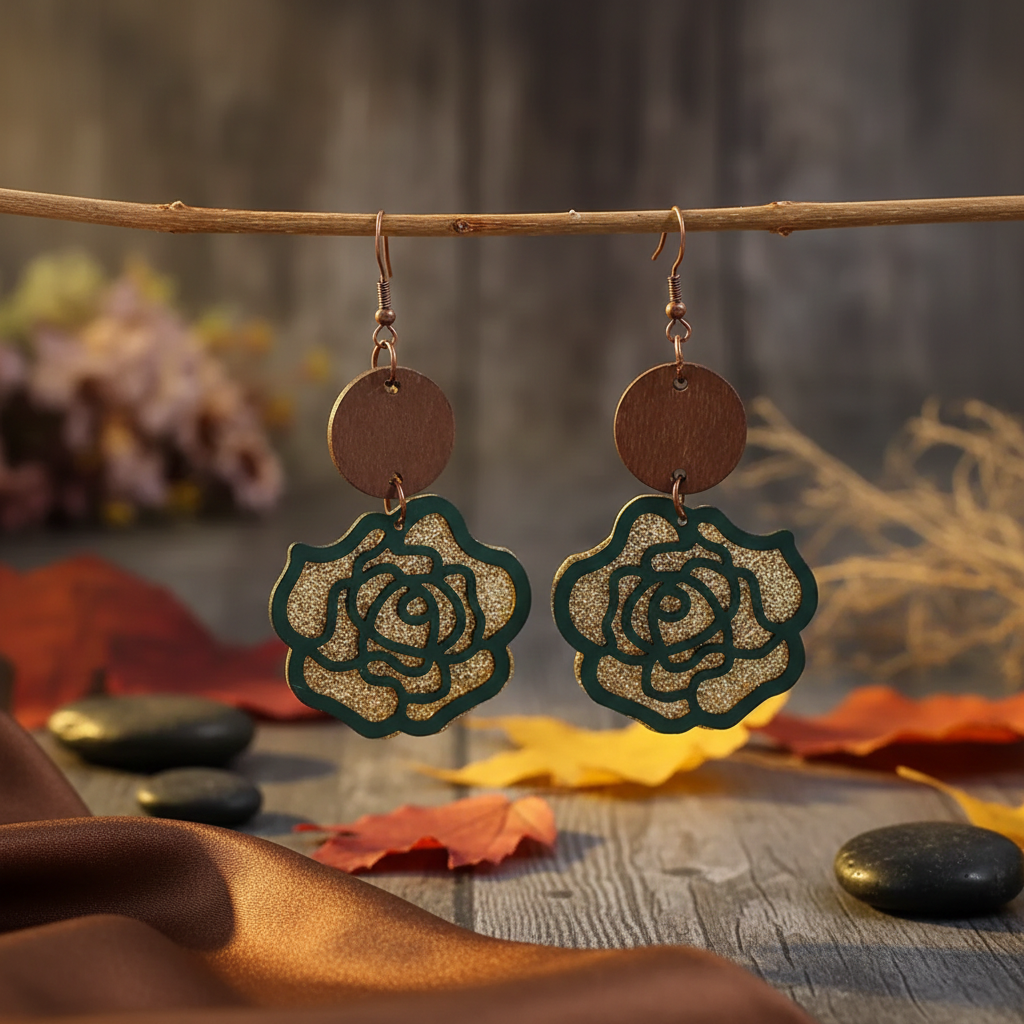 Wooden Alloy Rose Shape Dangle Earrings