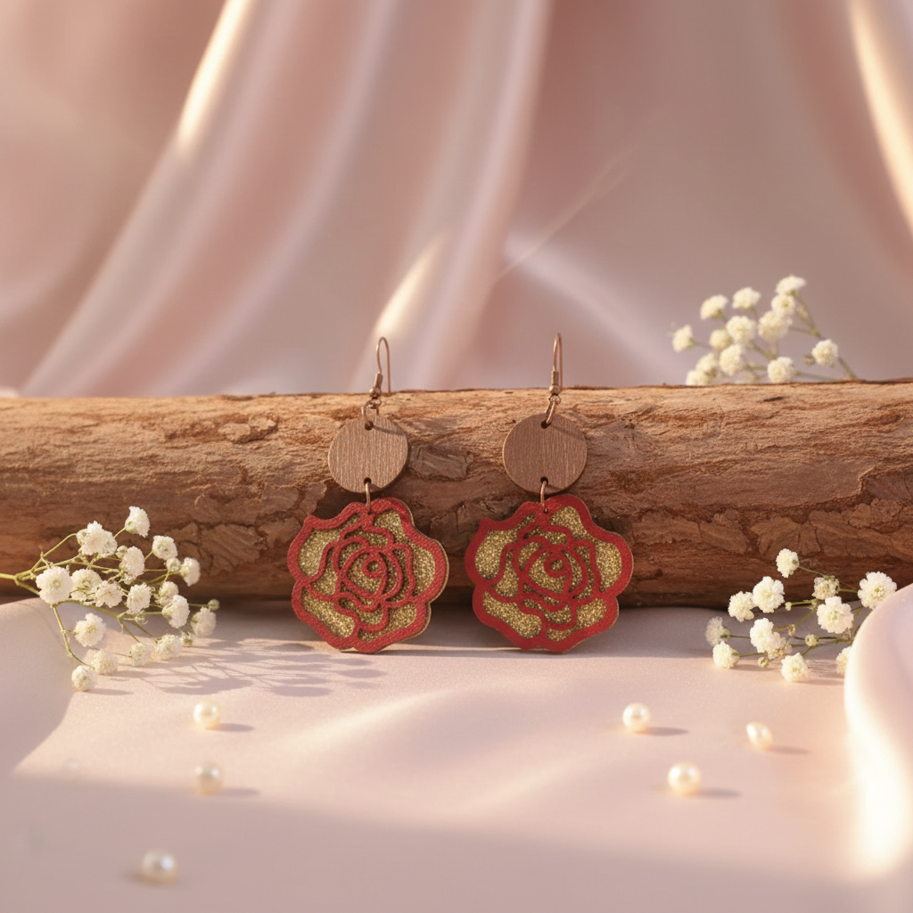 Wooden Alloy Rose Shape Dangle Earrings