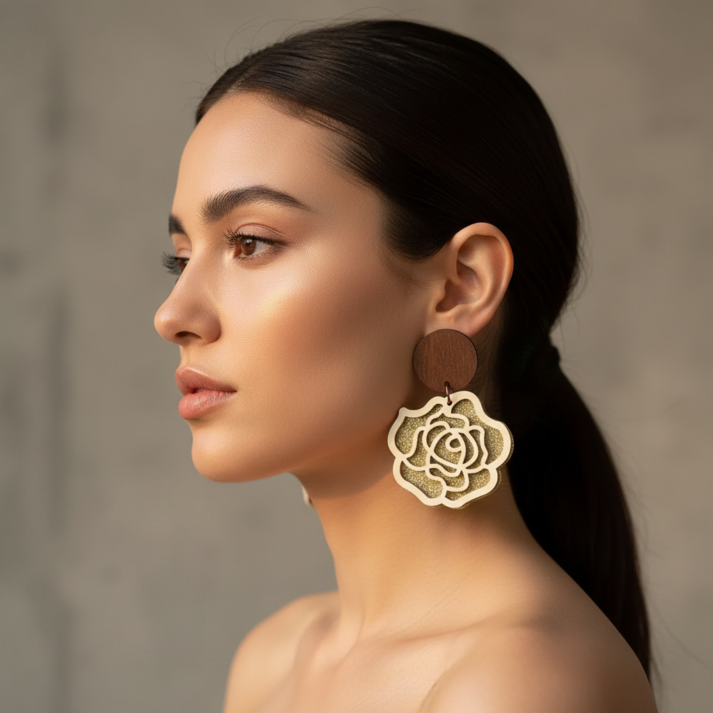 Wooden Alloy Rose Shape Dangle Earrings