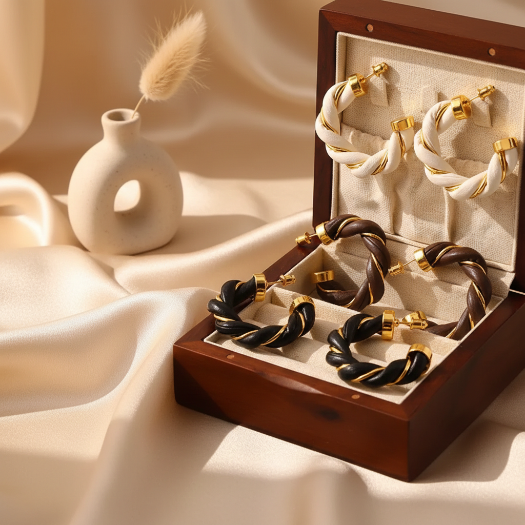 Twisted Leather Rope C-Hoop Earrings