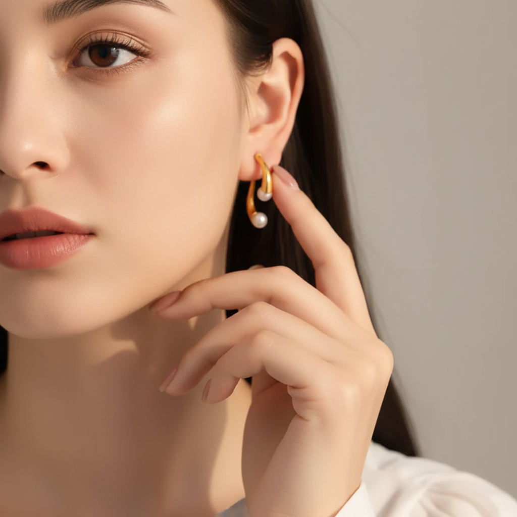 Elegant split design with high gloss pearl inlay simple titanium steel gold-plated earrings